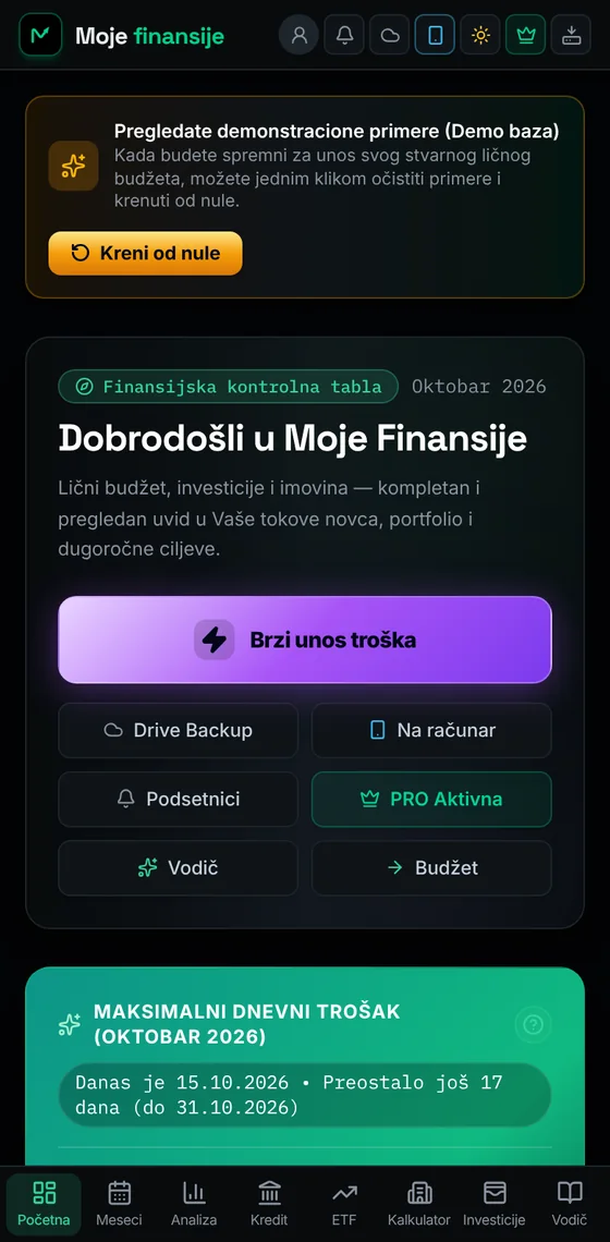 Početna u demo bazi sa dugmetom Kreni od nule i brzim unosom troška